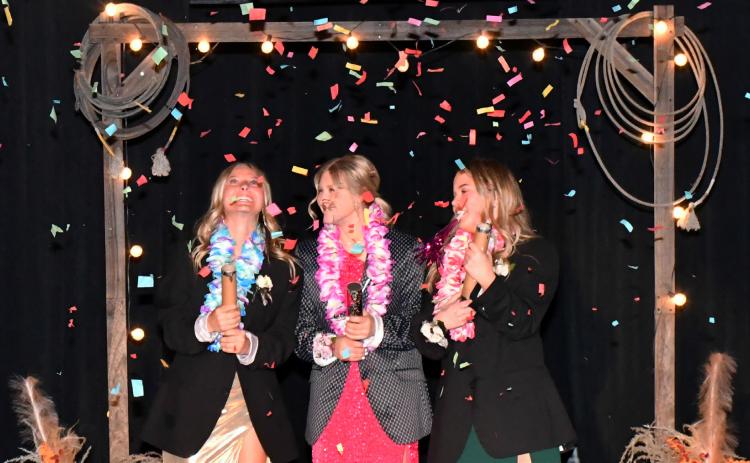Waubay prom goers, Jersey Johnson 11th grade, Kayce Berger 11th grade and Addison Bronson ninth grade, pop confetti canons as part of the festivities at Waubay’s prom April 25. Reporter &amp; Farmer | Leyton Beardslee