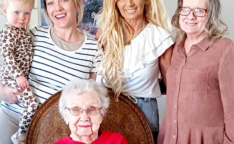 A springtime visit brought five generations of the Sandve/Mattson family together in Aberdeen. Pictured are, seated, Esther Sandve, Webster with, standing, from right, her daughter Marilyn Jean Mattson, Aberdeen; Marilyn’s daughter Amy Jean Macke, Prior Lake, MN; Amy’s daughter Brittany Jean Halloran holding her daughter Cecelia Jean Halloran, East Bethel, MN. Reporter &amp; Farmer | Subscriber snapshot