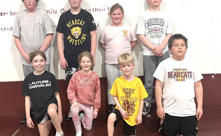 Bearcat AAU wrestlers competed in the Region 4 wrestling tournament in Brookings March 15 with a spot to compete at the state level up for grabs. Eight of the 17 Bearcats who competed in the tournament advanced to the state tournament in Rapid City March 29-30. Pictured from back left, Bryson Johnson, Kane Baumgarn, Emerie Schlechter, Karstyn Schlechter. From front left, Finley Marko, Adeline Johnson, Camdyn Huffman, Hunter Fellbaum.