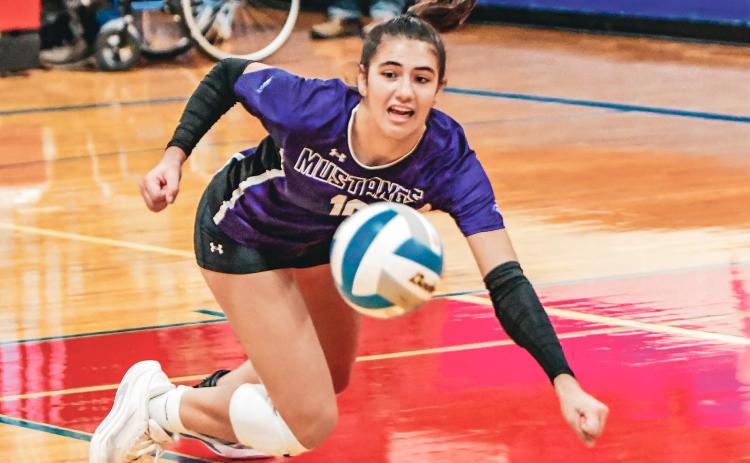 Addison Heinje dives for the ball during Waubay/Summit’s Class B Region 1 quarterfinal match against Hitchcock-Tulare Nov. 4 in Tulare. Mustangs fell 0-3 with set scores of 9-25, 14-25 and 14-25. Reporter &amp; Farmer | Leyton Beardslee