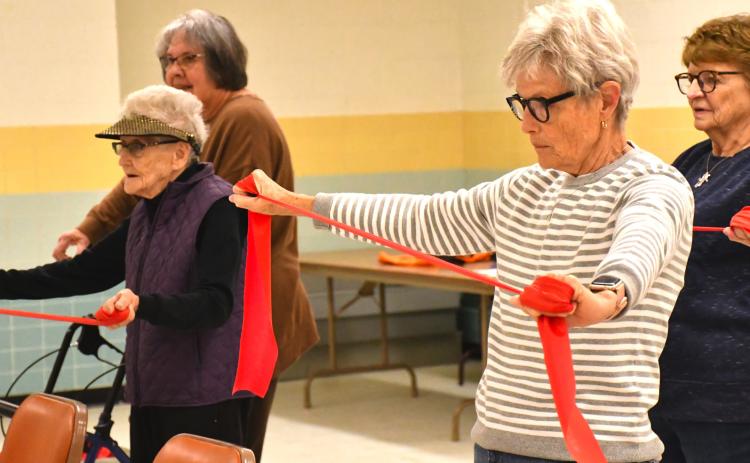 Better Balance Program participants work on their upper body strength on the first day of class Oct. 20. The program is back after a several-year hiatus. In the front row from left is Margaret McKittrick and Mary Jo Christensen. Back row, from left, Barb Ohleen and Eloise Hortness. Reporter &amp; Farmer | Timothy Gibson