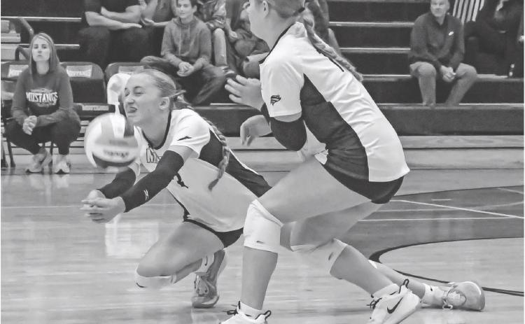 Elise Aker (3) dives for the ball in front of Gracia Althoff (15) during Waubay/Summit’s 3-0 match win over Wilmot Oct. 14 in Summit. Set scores for the match were 25-19, 25-15 and 25-16. Reporter &amp; Farmer \\ Amanda Dulitz