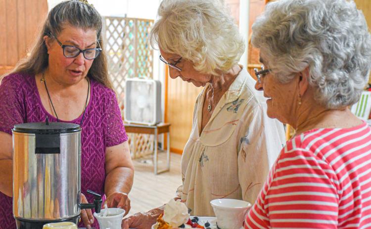 Treats and tea were part of the July 11 pollinator tea party at Day County Arts Center where more than a dozen people took part. The event featured master gardeners, angel food cake and, of course, tea. Pictured in the food lineup are Teresa Mikklesen, Nancy Bain and Mary Lindquist. Reporter &amp; Farmer | Amanda Dulitz