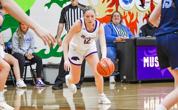 Caley Boik (12) of Waubay/Summit finds a lane during the Mustang’s 57-28 victory over Leola/Frederick Titans Jan. 3 in Waubay. Boik finished with six points in the win. Reporter &amp; Farmer | Leyton Beardslee