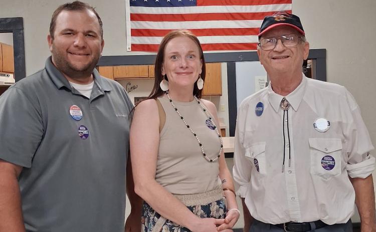 South Dakota Democratic candidates met for an event July 13 at Webster American Legion. From left, Shane Merrill, South Dakota Democratic Party chairman, Courtney Enfield, District One House candidate and Ken Kloucek, candidate for Public Utilities Commission. Reporter &amp; Farmer | Connor Handrahan