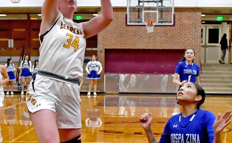 Webster Area Bearcat Erin Sannes goes up for a basket against the Tiospa Zina Wambdi Jan. 7, adding 20 points for her team. Sannes was the leading scorer for the night, helping her team to victory of 51-43. Reporter &amp; Farmer | Brenner Cariveau