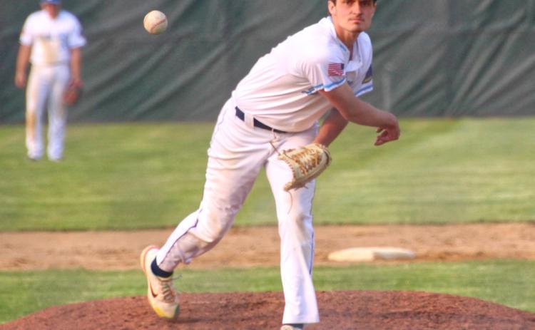 Jack Shoemaker pitched during Webster Legion Post 40’s 4-2 victory over Claremont at Bob Wiley Field in Webster. Shoemaker totaled 10 strikeouts with two hits and two walks during his five inning complete game.