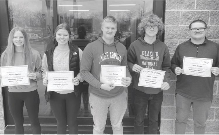 Five Webster Area School students received honorable mention recognition at Northern State University annual math contest. Students recognized in math divisions are, from left, elementary algebra - Alyssa Zacher, senior math -Alaina Baumgarn; advanced algebra - Isaac Zacher, Mason Aadland and Seth Mead.