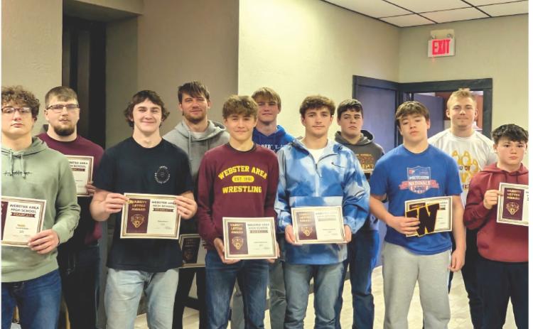 Boys varsity letter winners are, from left, front, Gavon Larson, Rylan Meuer, Tayten Kurkowski, Haeden Jorgeson, Nathan Hubsch, Karstyn Schlechter; back, Matthew Angiolelli, Trace Shoemaker, Gage Baumgarn, Lennox Rumpca and Isaac Nelson. Reporter &amp; Farmer \\ Subscriber snapshot