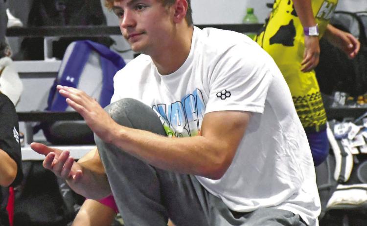 Webster Area wrestler Haeden Jorgenson coaches and cheers on his team during the duals that took place at the Top of the Podium Bassett camp. The camp took place at Sniper Wrestling Academy in Bristol July 18-20 where over 175 wrestlers from across 26 states attended the camp to sharpen their grappling skills. Reporter & Farmer | Annie Witt