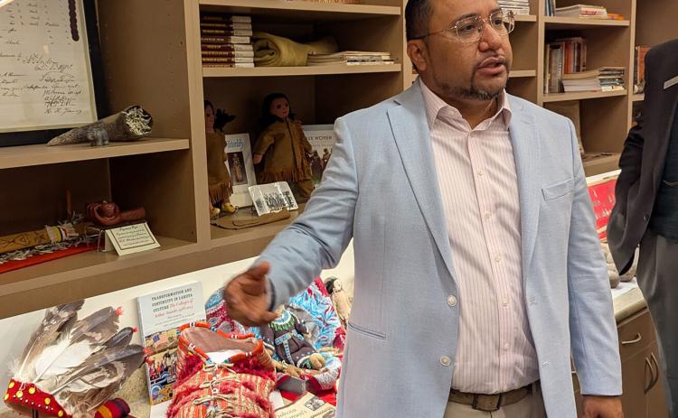 J. Garret Renville, chairman of the Sisseton-Wahpeton Oyate, speaks to visitors from the State-Tribal Relations Committee about the tribe’s artifacts on July 31, 2025. (John Hult/South Dakota Searchlight) Reporter &amp; Farmer | John Hult, SD Searchlight