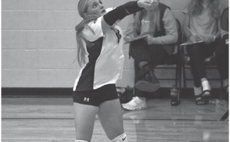 Gracia Althoff of Waubay/Summit receives the ball during the Mustang’s match against Britton-Hecia Oct. 7 in Waubay. Waubay/Summit lost the match 0-3 with set scores of 16-25, 23-25 and 21-25. Reporter &amp; Farmer \\ Leyton Beardslee