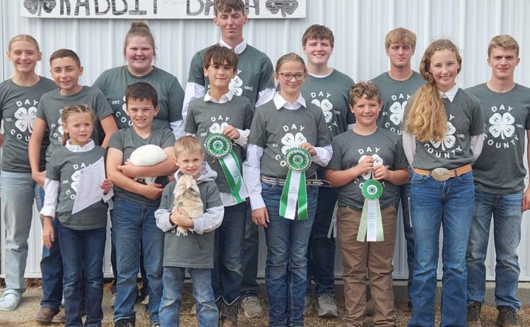 Participating in the Day County Fair 4-H rabbit show are in front Sawyer Zenk; from left, middle, Ava Schulz, Logan Wik, James Schulz, overall grand champion Raelee Ellingson, Abel Bloom, Carlee Wik; back, Brooke Grajczyk, Shawn Grajczyk, overall reserve champion Kelsey Fischer, Gage Wik, Carson Fischer, Michael Dorsett and Martin Dorsett. Reporter &amp; Farmer | Subscriber snapshot