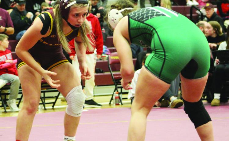 Webster Area Bearcats girls wrestling participated at the 2025 Harrisburg Girls Tournament Jan. 17. Here, from left Webster Area wrestler Brooke Grajczyk prepares to approach her opponent. Reporter &amp; Farmer | Subscriber Snapshot