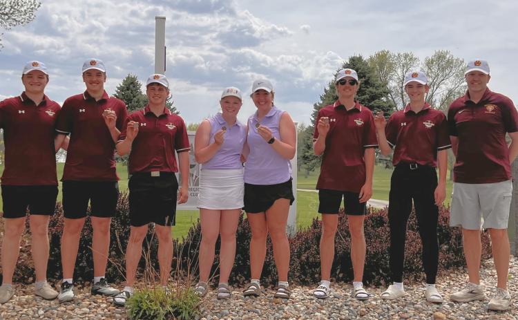 Webster varsity golf medal winners show off their hardware after the NEC golf tournament in Arlington May 9. From left to right: Thomas Kuecker, Ian Lesnar, Michael Dorsett, Mia Coester, Bailee Ninke, Blaize Amdahl, Seth Lesnar, and coach Tim Lesnar. Reporter &amp; Farmer | Subscriber snapshot