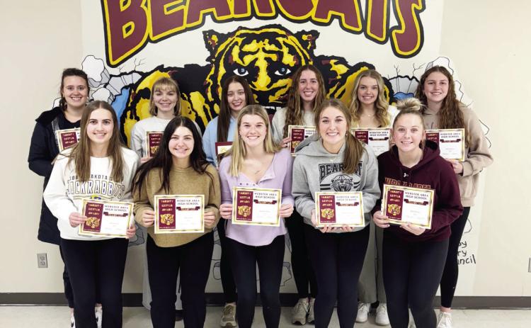 Webster Area volleyball players were recognized with letters Nov. 23 after the season concluded. Letter winners pictured back from left, Carrington Hanson, Lydia Vogl, Harley Johnson, Erin Sannes, Abby Vander Linden and Karli Sannes. From front left, Allie Case, Willa Stern, Madison Block, Mallory Steiner and Katie Braun.