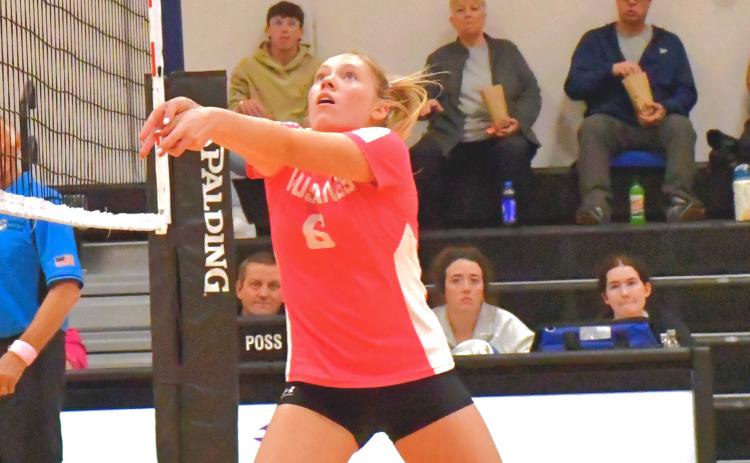 Waubay/Summit Mustangs hosted a match against Tri-State Tigers and made it a quick match Oct. 15. Mustangs took another 3-0 victory thanks to a strong offense. Here, Caley Boik sets up her teammates to score another point for Mustangs. Reporter &amp; Farmer | Connor Handrahan
