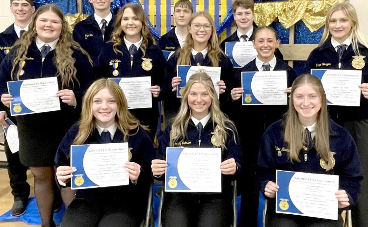 Chapter Degrees were presented at the Webster/Waubay 2025 FFA banquet. Recipients are from left, seated, Mackenzie Atherton, Jersey Johnson, Chloe Mammenga; middle, Kelsey Fischer, Lola Wells, Bryn Sippel, Jocelyn Rumpca, Kayce Berger; back, Tigh Gaikowski, Gage Wik, Devin Snaza and Caleb Gaikowski. Reporter &amp; Farmer | Subscriber snapshot