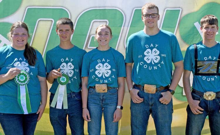 Senior showmanship winners for 4-H dairy goat were, from left, grand champion Kayla Fischer, reserve grand champion Knute Hemmingson, Macee McGregor, Blaise McGregor and Levi Hemmingson. Reporter &amp; Farmer | Amanda Dulitz