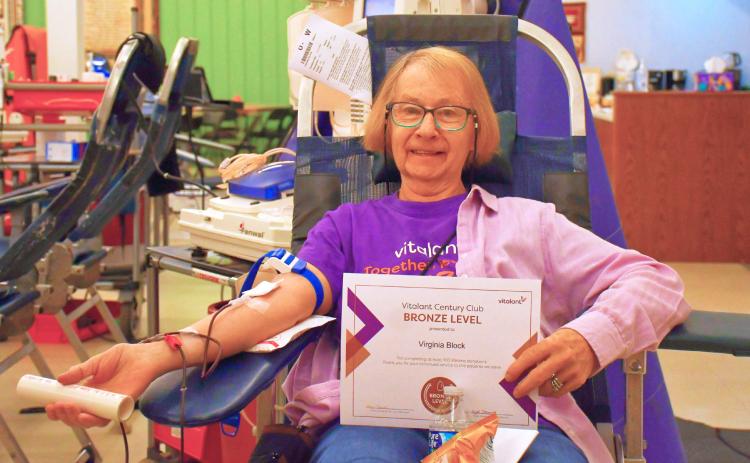 Vitalant held its regular blood donation at Tabor Church Oct. 13. Virginia Block has donated blood 136 times and just received her certificate for donating blood 100 times. Block said she started donating blood in 1993 and has been a loyal donater for many years. Reporter &amp; Farmer | Connor Handrahan