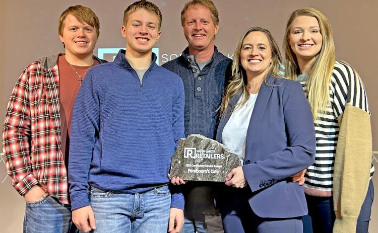 Members of the Pereboom family received the Community Service Award from the South Dakota Retailers Association during their annual banquet Jan. 13 in Pierre. Pictured are Jacob, McKoy, Jay and Janice Pereboom and Lexi Rithmiller. The family’s business Pereboom’s Cafe and Boomers Outback was nominated for the award due to their involvement in their community. Reporter &amp; Farmer | Subscriber snapshot