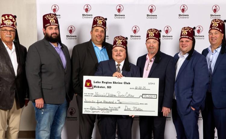Lake Region Shrine Club made a $75,000 donation to Shriner’s Children Twin Cities, which provides medical care to children regardless of their family’s ability to pay, during their annual gala at the Minnesota Mall of America Oct. 25. Lake Region Shrine Club members are, from left, Mark Christensen, Jordan Michlitsch, Rob Kading, Dennis Bremmon, Josh Bartos, Gary Fellbaum and Elliot Christensen. Reporter &amp; Farmer | Subscriber snapshot