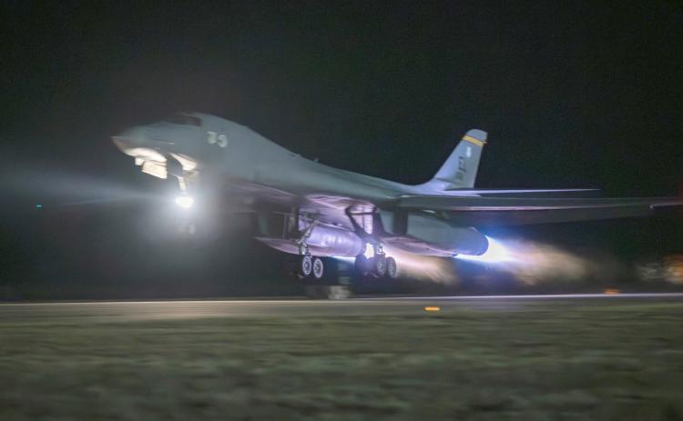 A B-1B Lancer from Ellsworth Air Force Base, South Dakota, takes off the runway at Dyess Air Force Base, Texas, Feb. 1, 2024. Reporter &amp; Farmer | Senior Airman Leon Redfern
