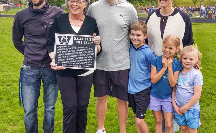 Members of the late Wally Pribyl’s family attended a dedication ceremony of the pole vault pit at the Webster Area Sports Complex May 16. Pictured from left are Wally Pribyl’s son Todd Pribyl, wife Kathy Pribyl, son Sam Pribyl and his wife Mary and their three children Tommy, Bridget and Elizabeth. Reporter &amp; Farmer |Suscriber snapshot