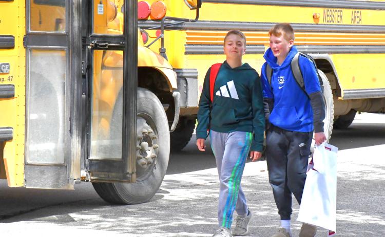 From left, Gunnar Lesnar and Decker Huggett joke and laugh as they walk out of Webster Area School on the final day of school May 18. Reporter &amp; Farmer | Connor Handrahan