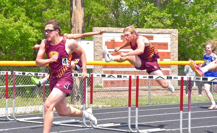 Jeron McCreary and Gage Baumgarn participate in the 110m hurdles at the Webster Invitational May 21. McCreary placed first with a time of 15.74 and Baumgarn placed second with a time of 17.05. Reporter &amp; Farmer | Connor Handrahan