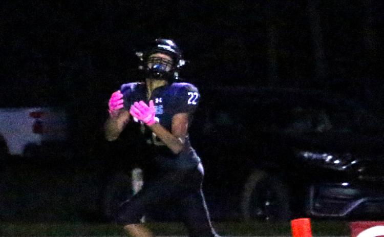 Sophomore wide receiver Victor Rockwood hauls in a touchdown pass for the Waubay/Summit Mustangs against Waverly/South Shore Oct. 2 at Waubay High School. The Mustangs hold a 5-1 record after defeating the Coyotes by a score of 60-0. Reporter &amp; Farmer | Timothy Gibson