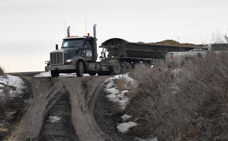 Fill dirt is coming from south of Webster along SD Highway 25 for the Webster Area School demolition project going on now. Here, a loaded truck pulls out of the pit Jan. 8. Reporter &amp; Farmer | Connor Handrahan