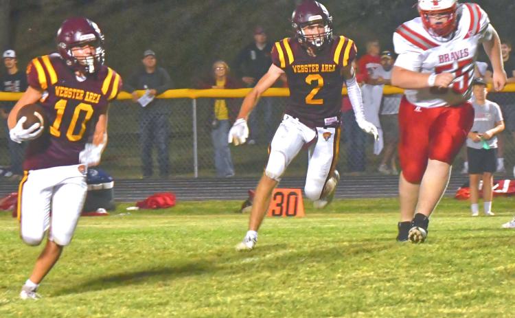 Webster Area Bearcats faced off against Britton-Hecla Sept. 5 and took a hard loss, Bearcats finished the game 22-59. Here, Bennett Kuecker scores the last touchdown of the night as Gabriel Gaikowski helps keep defenders off of him. Reporter &amp; Farmer | Connor Handrahan