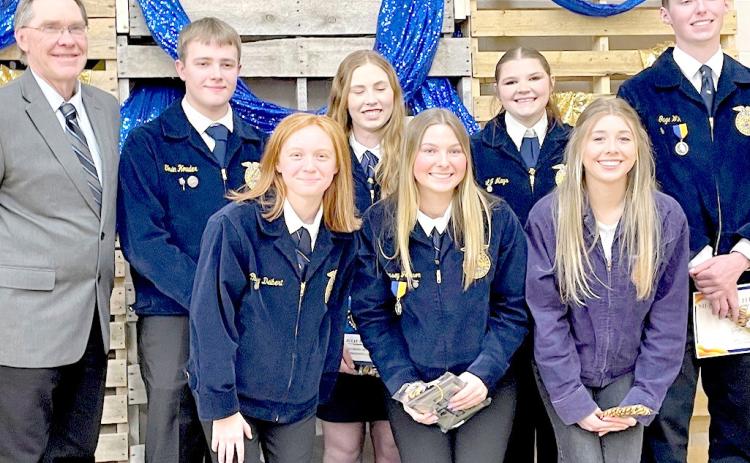 Webster FFA senior members and officers are from left, front, Chesney Deibert, Jersey Johnson, Maci Kurkowski; back, advisor Fred Zenk, Tevin Howder, Julie Lesnar, Liliann Mays and Gage Wik. Reporter &amp; Farmer | Subscriber snapshot