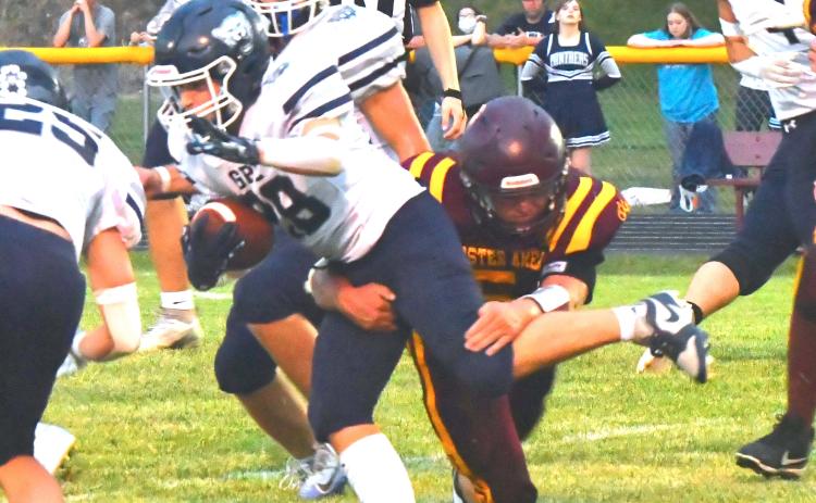 Webster Area Bearcats played their first home game and took a tough loss against Great Plains Lutheran 0-34, Aug. 28. Here, Bearcats player Gage Baumgarn tackles Great Plains Lutheran player Grady Hermoe. Reporter &amp; Farmer | Connor Handrahan