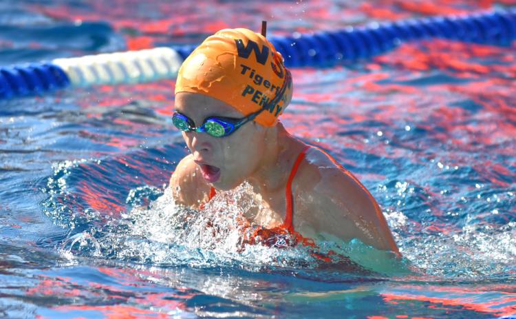 Penny Rencountre age 11 of Webster Swim Team competes in the mixed 12 and under 100 yard individual medley during the Webster Fun Meet at the Webster Aquatic Center July 8. Reporter &amp; Farmer | Leyton Beardslee
