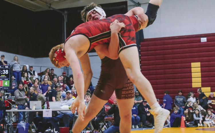 Nathan Hubsch of Webster Area Bearcats picks up Hayden Landmark of Deuel/Deubrook Area Cardinals during their match at SDHSAA Region 1B boys tournament Feb. 21 in Webster. Hubsch won the match by fall in 2:26 and went on to place fourth in the 175 weight class. Reporter &amp; Farmer | Leyton Beardslee