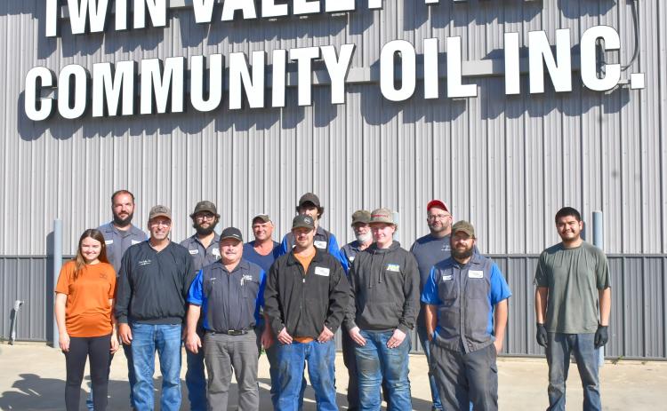 Twin Valley Tire &amp; Community Oil Inc. employees are, from front left, Brianna Smith, co-owner Danny Kjos, store manager Dennis Bremmon, employees AJ Meland, Levi Anderson, Jake Johnson and Anthony Fuentes. Back row, from left, are Curtis Reiprich, Cullan Dargatz, Chad Wasilk, Noah Duenwald, Tim Bent and Jamie Miotke. Not pictured is Abby Carlson.