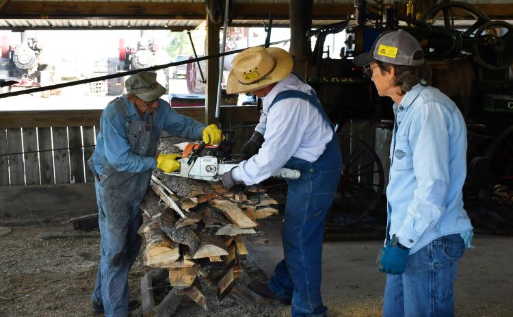 James Valley Threshing Show Sept. 6-8 hosted various antique agricultural equipment and other activities including an engine room, craft booths and a saw mill area in Andover. Starting on the left, Harris Billigmeier, Jeff Edin and Jane Larson are cutting lumber which would need to dry out. The processed lumber would then be used as the fuel source for the engine of the Case machine pictured behind the trio. Reporter &amp; Farmer | Brenner Cariveau