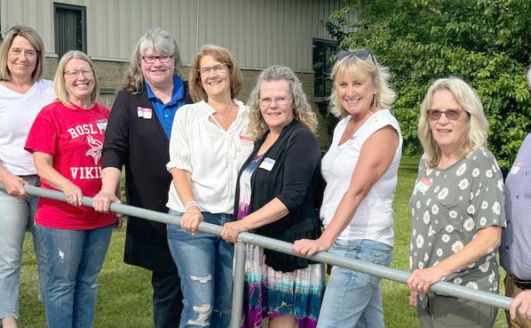 Roslyn High School graduates reuniting after 45 years are from left, Michael Lesnar, Lori Steiner Opitz, Shelley Storley Deutsch, Kari Litch Lee, Jackie Michlitsch Schmidt, Nancy Bell Myers, Jane Steiner Duerre, Judy Steiner Hendrickson and Bruce Eidahl.