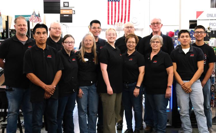 Ace Hardware employees are, from back left, Greg Rydberg, Brian Hoff, co-owner Alfredo Garduno, and employees Gary Sauer, Ron Christensen and Kason Garduno. Front, from left, is Jeff Salinas, Jackie Stange, Bev Martinson, Courtney Simonson, co-owner Shannon Garduno, and employees Nila Christensen and Kingston Ryan.