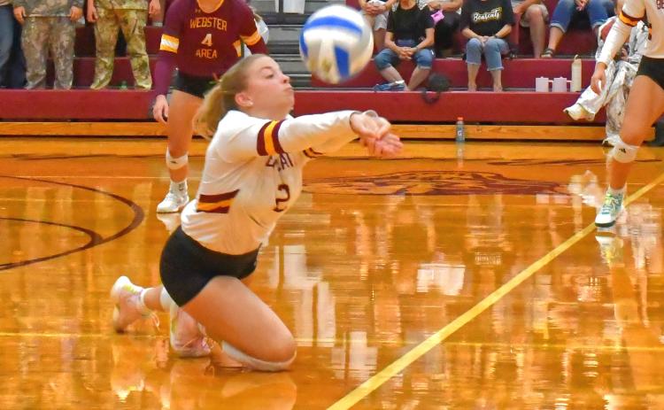 Webster Area Bearcats played against Groton Area Tigers Sept. 8 and recieved their second loss of the season. Here, Kenley Grewe makes a diving save to help the rally continue during the second set. Reporter &amp; Farmer | Connor Handrahan
