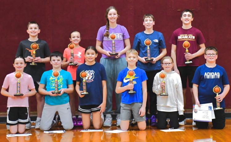 Reporter &amp; Farmer | Connor Handrahan Eleven kids won first place for their age group in Knights of Columbus annual free throw contest. Winners are planning to attend the regional competition at Roncalli Elementary School Feb. 1. From back left, Landen Lee, Lindsey Butler, Carlee Wik, Kellin Boik, Tak Lesnar, from front left, Libby Hugget, Logan Wik, Keisha Rencountre, Tryan Gaikowski, Larissa Butler and Kellin Boik.