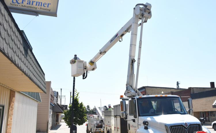 Northwestern Energy started to implement street light improvements Sept. 9 on Main St. The updates to the lightpoles appeared to be new bulbs and fixtures replaced. Reporter &amp; Farmer | Brenner Cariveau