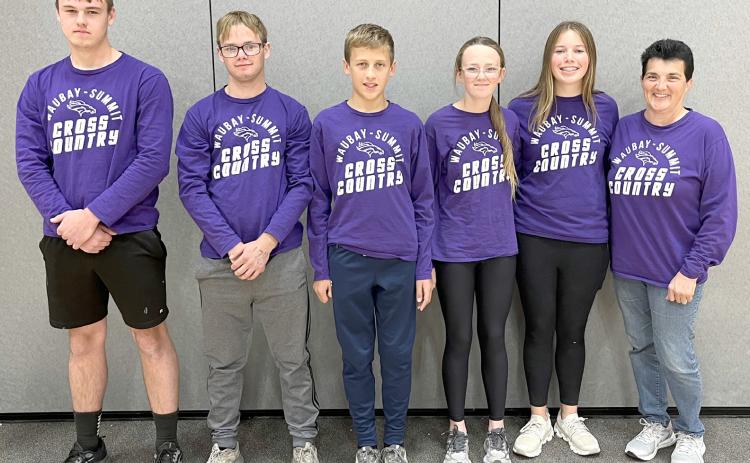 Waubay-Summit Mustang 2024 cross country team are left Nolan Thuringer, Jayven Maag, Carsyn Grebner, Paisley Maag, Avery Bronson and Head Coach Susan Zirbel.