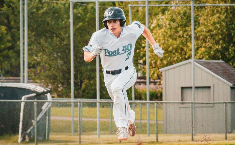 Martin Dorsett of Webster Legion Post 40 sprints home to score the winning run in the bottom of the fifth inning of Webster’s 2-1 win over Sisseton June 30. Dorsett led off the inning with a single and was batted in by Blaize Amdahl. Reporter &amp; Farmer | Leyton Beardslee