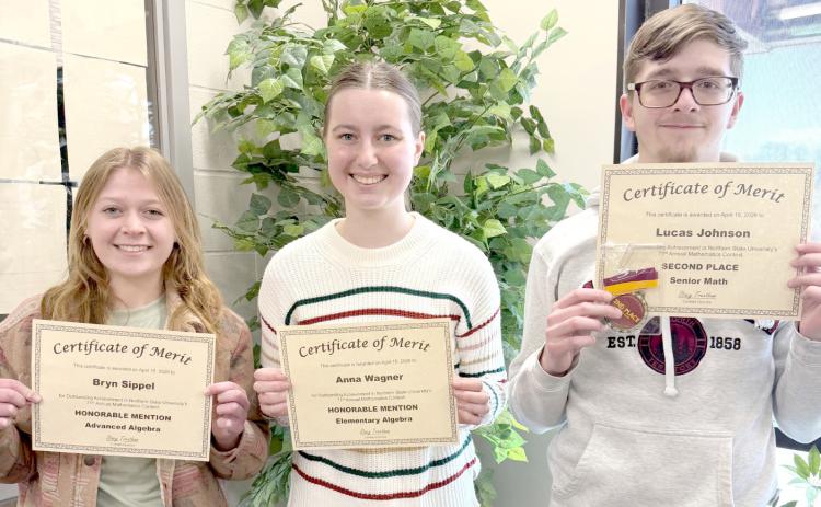Webster Area High School took 47 students and placed third of 16 schools competing in the NSU Math Contest April 15. Total students testing in each category were 84 in Elementary Algebra, 85 in Geometry, 80 in Advanced Algebra and 58 in Senior Math. Pictured from left are honorable mention recipients Bryn Sippel-Advanced Algebra, Anna Wagner-Elementary Algebra and Lukas Johnson who placed second in Senior Math after a tie breaker. Reporter &amp; Farmer | Subscriber snapshot