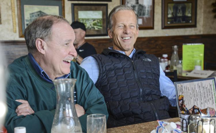 Webster Mayor Mike Grosek was among members of the public to greet U.S. Sen. John Thune, right, when he visited constituents in 2021. Thune has now been voted to serve as the Senate majority leader. Reporter &amp; Farmer | file photo by Amanda Dulitz
