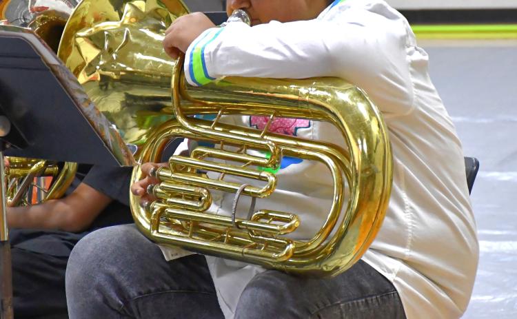 Kirwin Roberts plays the tuba during the band’s performance April 24. Waubay School welcomed the public to their music concert where middle and high schoolers performed classic musical pieces. Reporter &amp; Farmer | Connor Handrahan