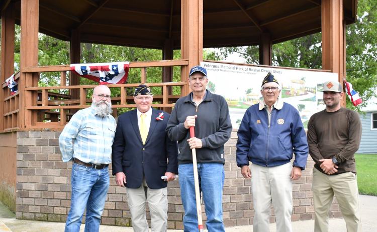 A ground breaking ceremony was held for the new Roslyn Area Veterans Memorial Park May 27. Pictured from left are park designer Rollie Eihdahl, Roslyn American Legion Commander Terry Corner, Roslyn Town Council President Tom Lee, Grenville American Legion Commander Dennis Lewandowski and veteran Levi Jensen. See page 16 for a digital rendering of the future memorial. Reporter &amp; Farmer | Luke Caputo